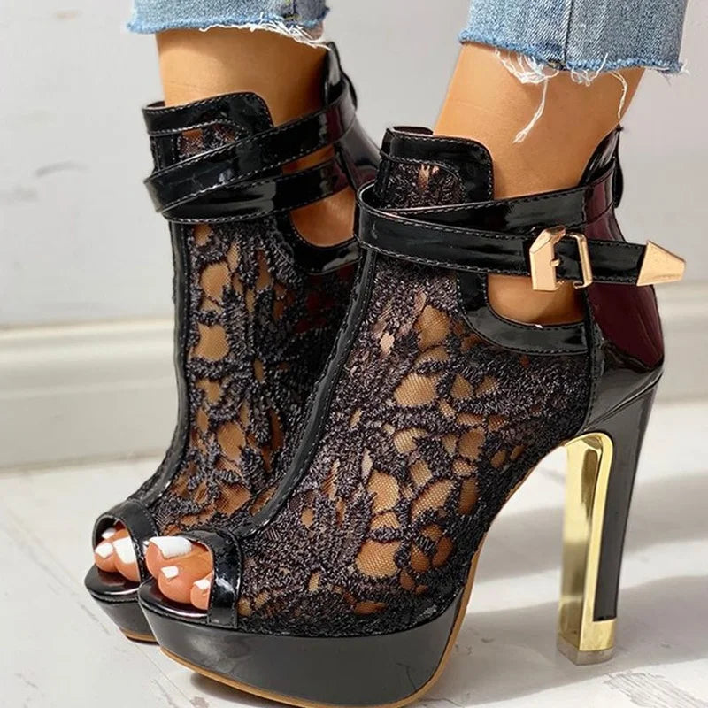 Sohiwoo New Lace High Heels New Women Belt Buckle High Heels Peep Toe Hollow Platform Sandals Summer Party Boot Large Size Women Shoes