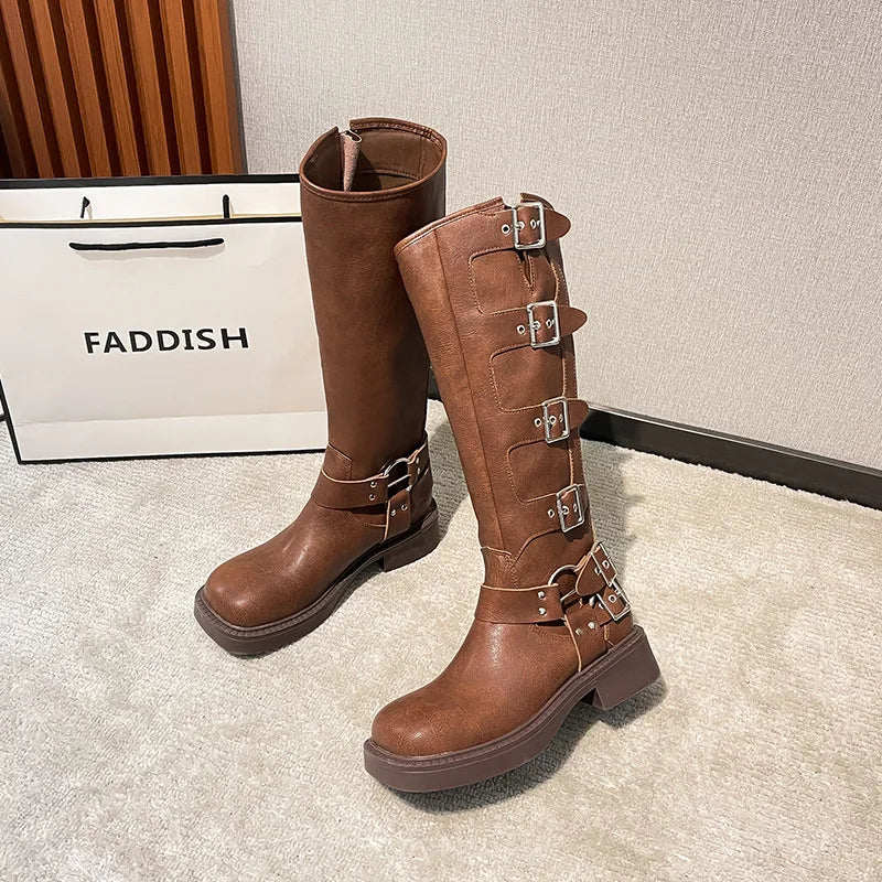 Sohiwoo New Leather Chunky Heel Fashion Boots Women's Western Cowboy Boots Women Retro Tall Metal Belt Buckle Thick-soled Knight Boots Sohiwoo New Leather Chunky Heel Fashion Boots Women's Western Cowboy Boots Women Retro Tall Metal Belt Buckle Thick-soled Knight Boots