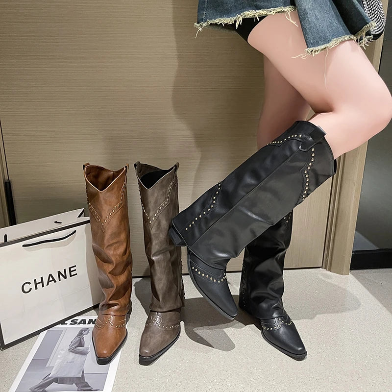 Sohiwoo New Woman Cowgirl Boots Fashion Slip on Ladies Elegant Square Heel Long Pipe Boots Shoes Retro Women's Winter Footwear Sohiwoo New Woman Cowgirl Boots Fashion Slip on Ladies Elegant Square Heel Long Pipe Boots Shoes Retro Women's Winter Footwear