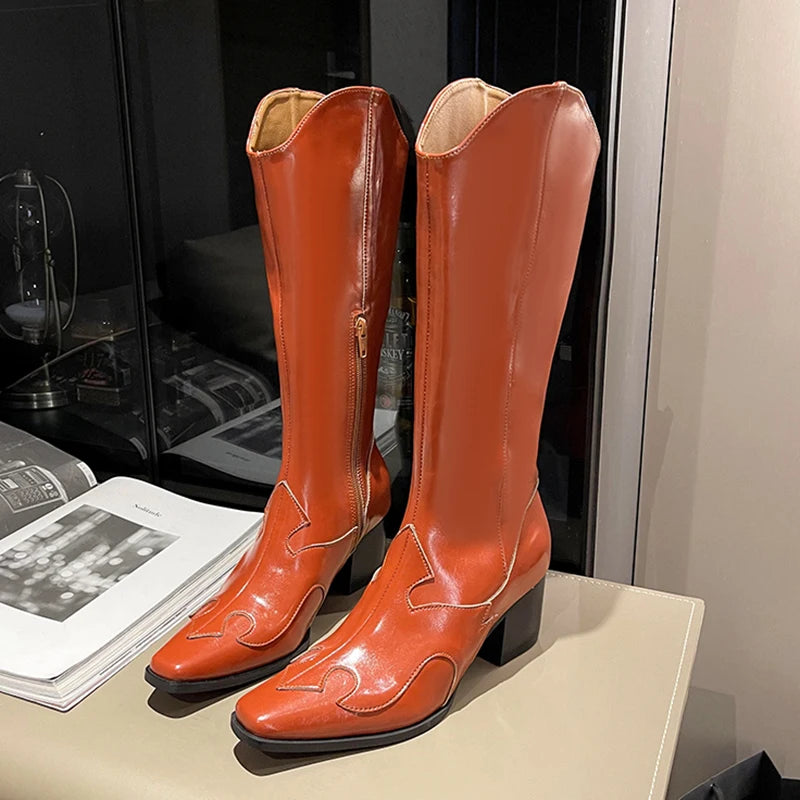 Sohiwoo Patent Leather Thick Heels Western Boots for Women Autumn Square Toe Knee High Cowboy Boots Woman Chunky Heeled Long Botas Sohiwoo Patent Leather Thick Heels Western Boots for Women Autumn Square Toe Knee High Cowboy Boots Woman Chunky Heeled Long Botas