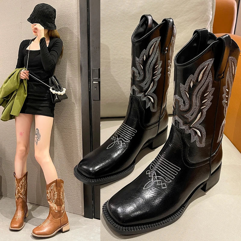 Sohiwoo Platform Cowboy Boots Women Autumn Winter Fashion Leather Boots Square Head Low High Heels Ladies Designer Shoes Plus Size 42 Sohiwoo Platform Cowboy Boots Women Autumn Winter Fashion Leather Boots Square Head Low High Heels Ladies Designer Shoes Plus Size 42