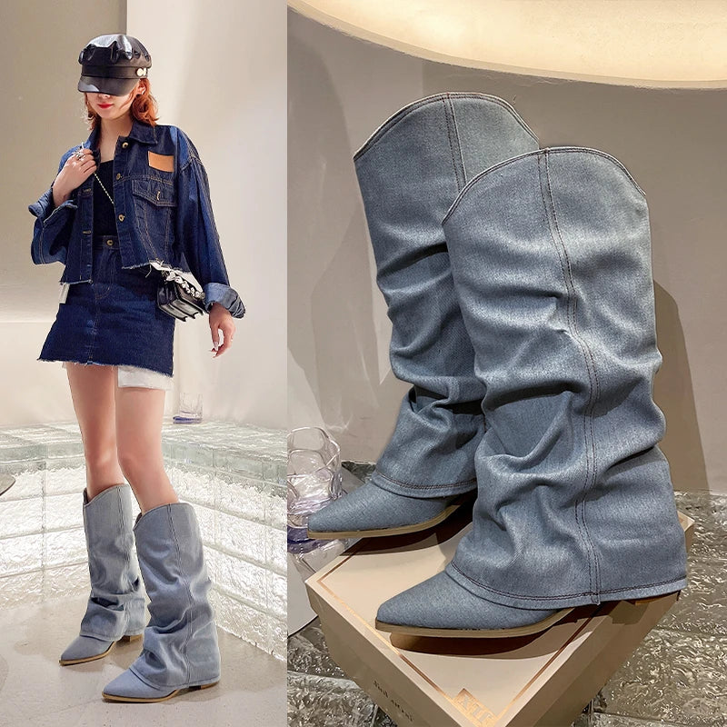 Sohiwoo Pleats Blue Denim Thigh High Boots for Women Autumn Thick Heeled Pointed Toe Cowboy Boots Woman Slip On Western Long Boots Sohiwoo Pleats Blue Denim Thigh High Boots for Women Autumn Thick Heeled Pointed Toe Cowboy Boots Woman Slip On Western Long Boots