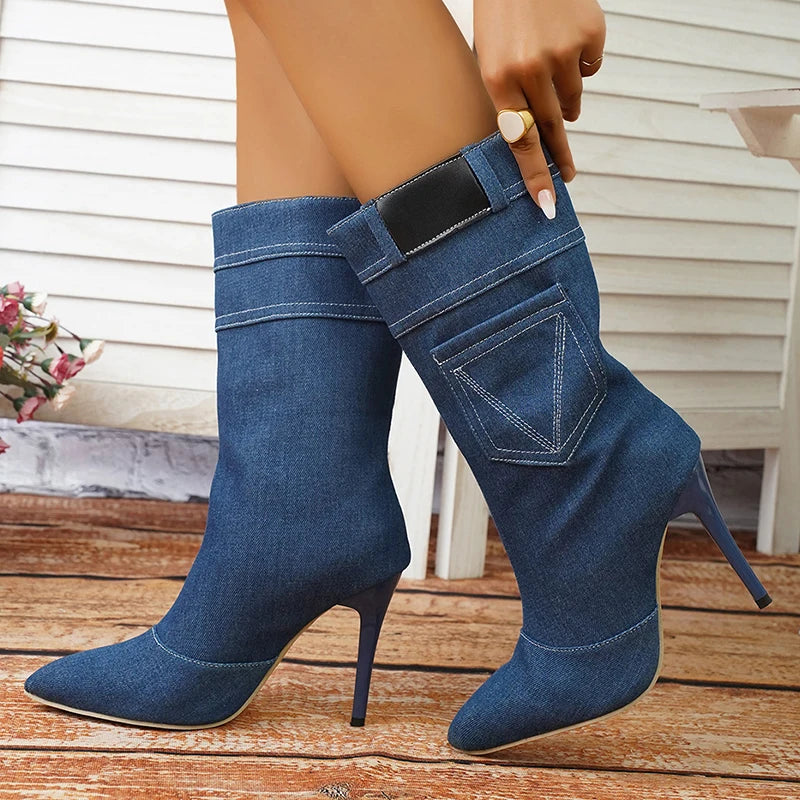 Sohiwoo Pockets High Heels Denim Boots for Women Sexy Pointed Toe Stiletto Heeled Mid Calf Cowboy Boots Woman Autumn Winter Botas Mujer Sohiwoo Pockets High Heels Denim Boots for Women Sexy Pointed Toe Stiletto Heeled Mid Calf Cowboy Boots Woman Autumn Winter Botas Mujer