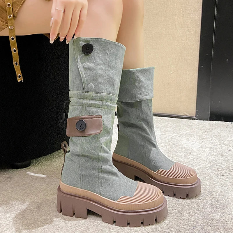 Sohiwoo Retro Denim Chunky Platform Boots Women Autumn Patchwork Western Style Cowboy Boots Woman Thick Heels Mid Calf Botas Sohiwoo Retro Denim Chunky Platform Boots Women Autumn Patchwork Western Style Cowboy Boots Woman Thick Heels Mid Calf Botas