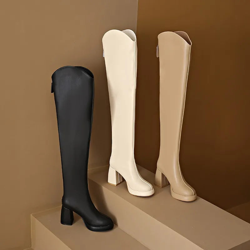 Sohiwoo Square Head V-mouth Knight Boots for Women Fall/winter New Knee-high Boots for Women with Large Size Thick Heel Slim High Boots Sohiwoo Square Head V-mouth Knight Boots for Women Fall/winter New Knee-high Boots for Women with Large Size Thick Heel Slim High Boots