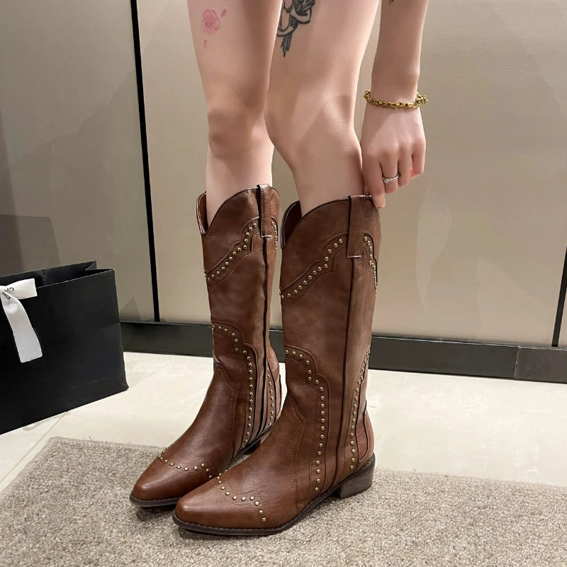 Sohiwoo Studded Boots Women Low Heel Cowboy Chelsea Western Short Leather Knee High Luxury Designer Gothic New Rock Shoes Vintage Sohiwoo Studded Boots Women Low Heel Cowboy Chelsea Western Short Leather Knee High Luxury Designer Gothic New Rock Shoes Vintage