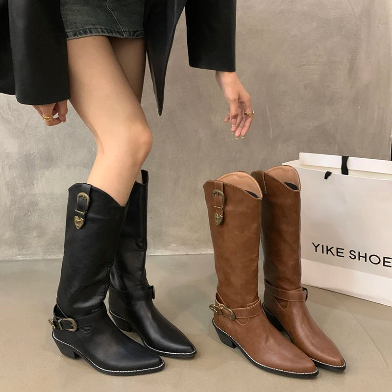 Sohiwoo Vintage Pointed Toe Women Western Cowgirl Boots Fashion Elegant Belt Buckle Shoes Square Heels Ladies Knight Long Shoes Sohiwoo Vintage Pointed Toe Women Western Cowgirl Boots Fashion Elegant Belt Buckle Shoes Square Heels Ladies Knight Long Shoes