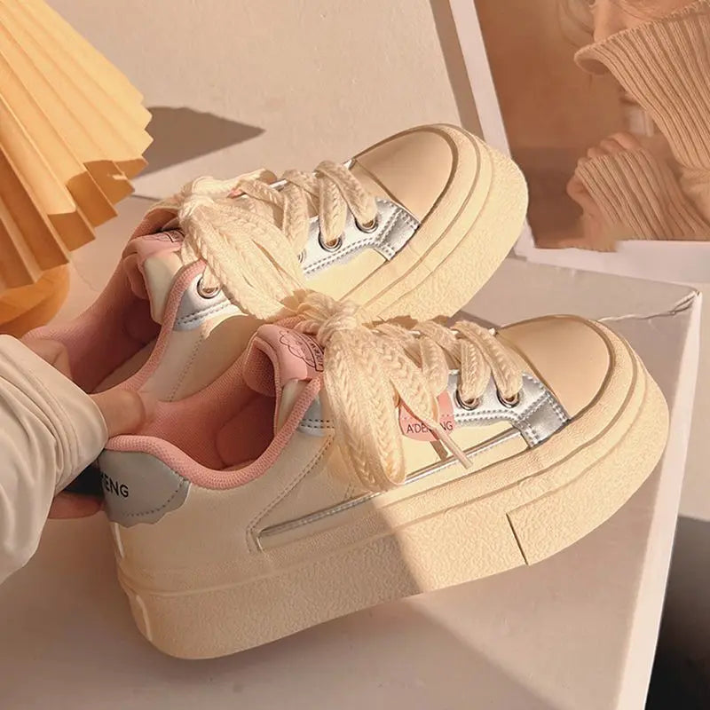 Sohiwoo Winter Women Breathable Cute Beige Sneakers Patchwork Shoes Thick Heel Sneakers Casual Running Platform Y2K Lolita Sports Shoes