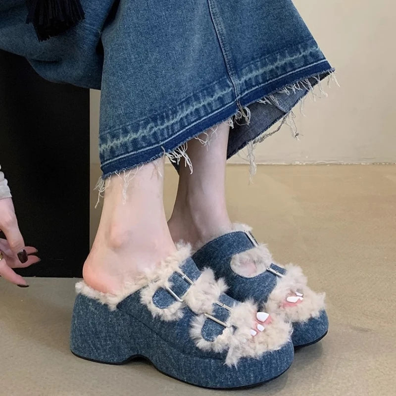 Sohiwoo Women Slippers Outdoor Slides Open Toe Wedge Heel Warm Fleece Belt Buckle Black Dress Shoes for Woman Autumn Size 35-39