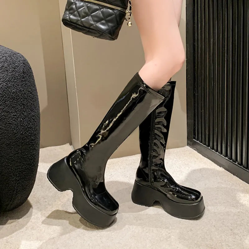 Sohiwoo Women's Platform Knee High Boots Autumn Winter Patent Leather Chunky Heels Modern Boots Woman Fashion Thick Bottom Long Botas Sohiwoo Women's Platform Knee High Boots Autumn Winter Patent Leather Chunky Heels Modern Boots Woman Fashion Thick Bottom Long Botas