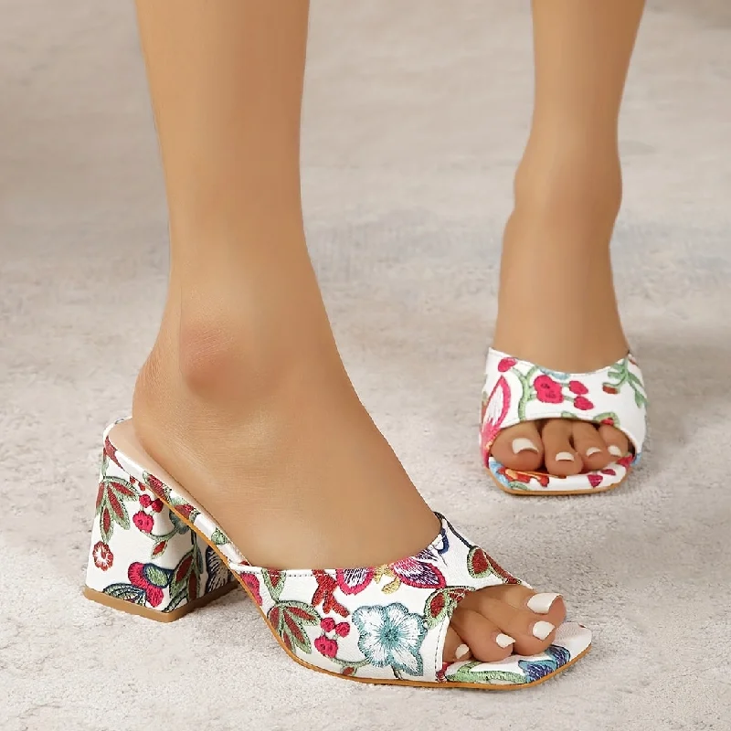 Sohiwoo Floral Block Chunky Heel Mules Square Peep Toe Slide Sandals