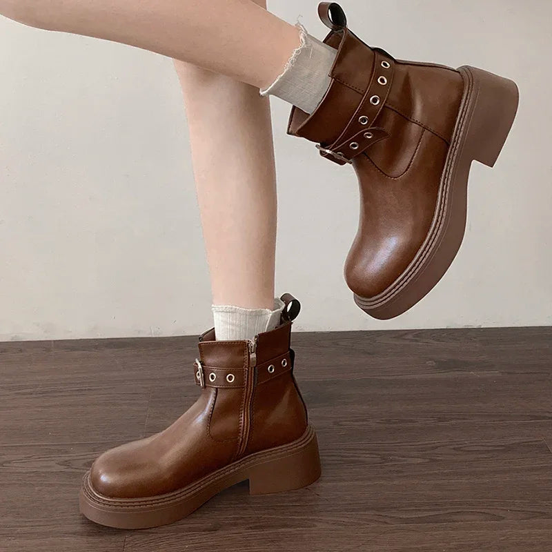 Sohiwoo Thick Heel Women Ankle Boots Fashion Elegant Belt Buckle Shoes Spring Autumn Vintage Women's Morder Short Booties