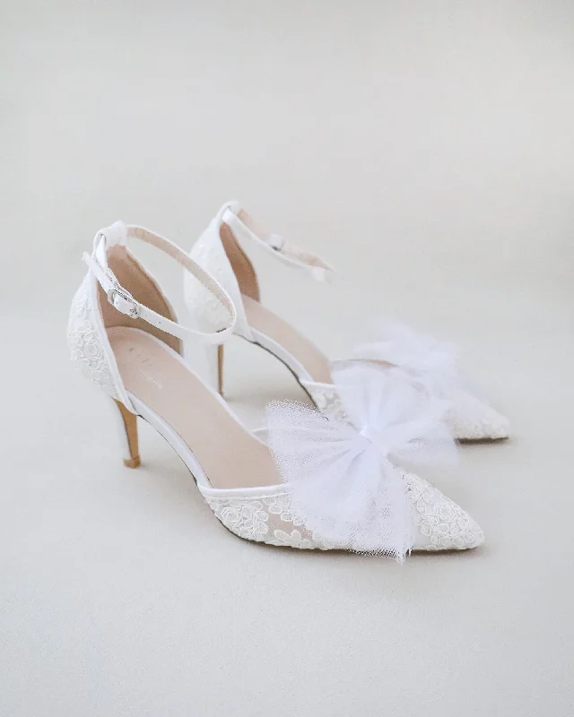 Lace Wedding Heels with Front Tulle Bow