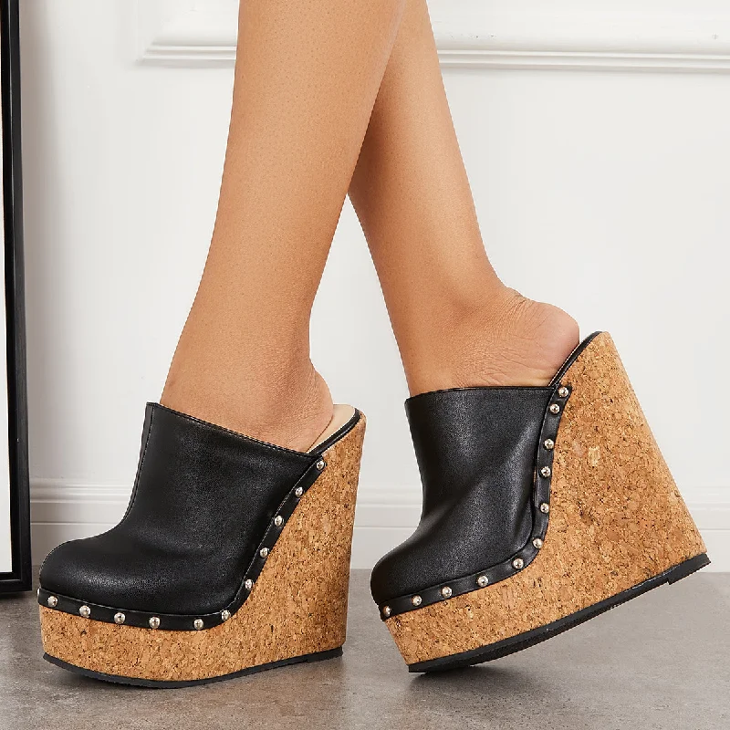 Sohiwoo  Women's Black Closed Toe Cork Platform Wedge Heel Mules Slide Sandals