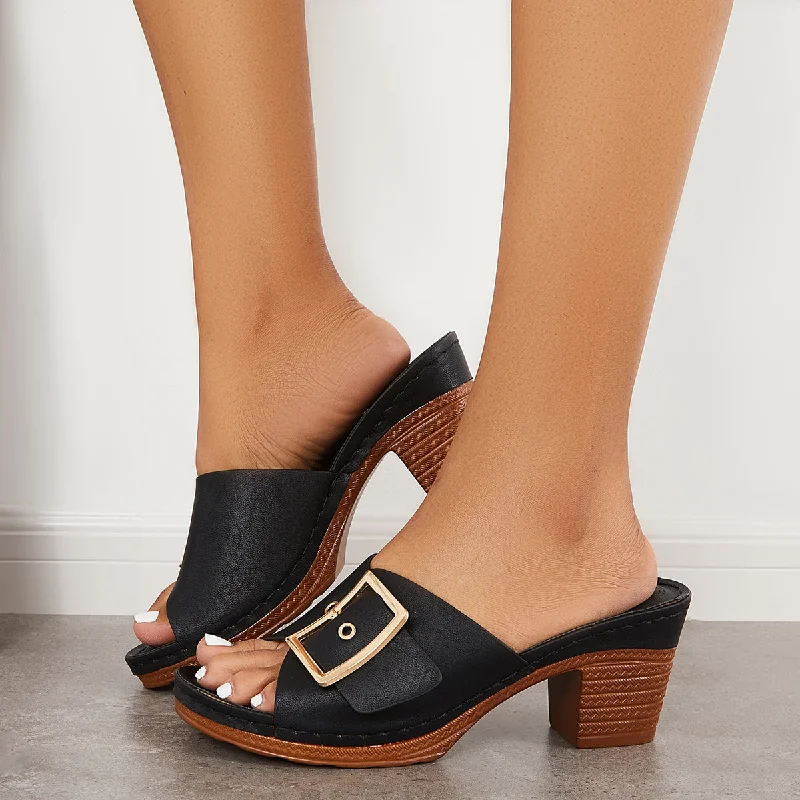 Sohiwoo  Women's Buckle Decor Chunky Block Heel Mules Slide Sandals