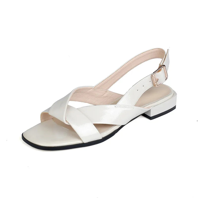 Genuine Leather Shoes Women Low Heel Square Toe Casual Shoes Summer
