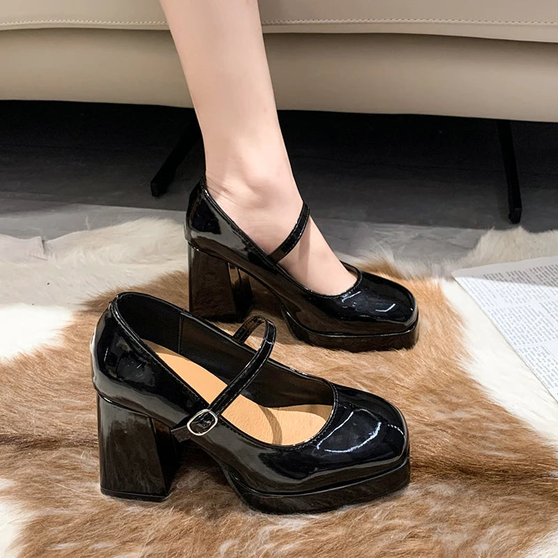 Advbridge - New Black Ankle Strap Platform Pumps Women Pu Leather Square Toe Mary Jane Shoes Woman Goth Thick High Heels Shoes Ladies Advbridge - New Black Ankle Strap Platform Pumps Women Pu Leather Square Toe Mary Jane Shoes Woman Goth Thick High Heels Shoes Ladies