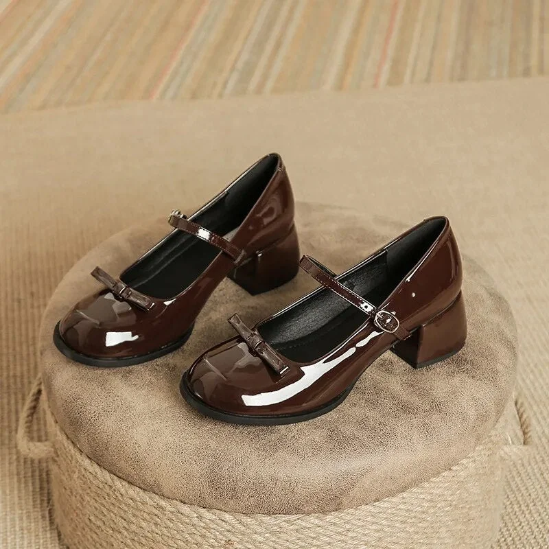 Advbridge New Designer Round toe bowtie mary janes pumps women thick high heels lolita shoes ankle strap japanned leather talons femmes Advbridge New Designer Round toe bowtie mary janes pumps women thick high heels lolita shoes ankle strap japanned leather talons femmes