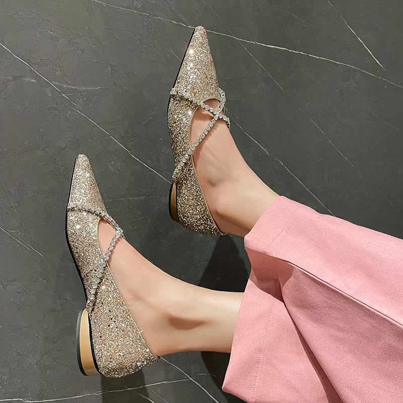 Advbridge new spring women pumps natural leather 22-24.5cm length Glitter +pigskin pointed toe Crystal cross strap Mary Jane shoes Advbridge new spring women pumps natural leather 22-24.5cm length Glitter +pigskin pointed toe Crystal cross strap Mary Jane shoes