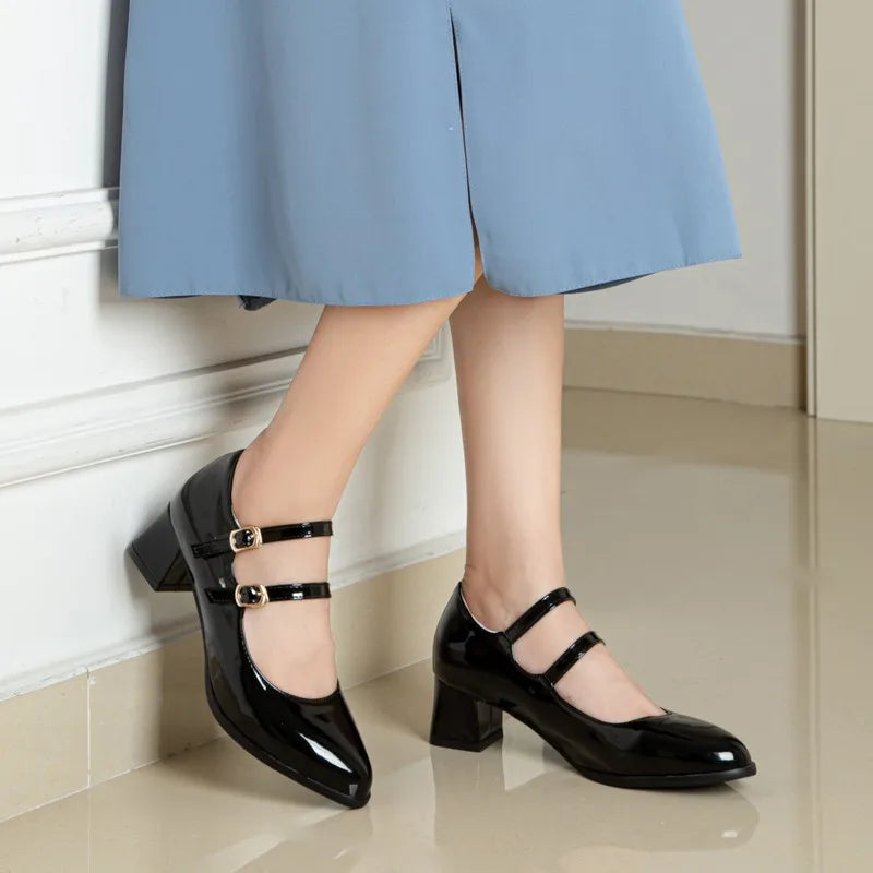 Advbridge Patent Leather Mary Jane Shoes Women Block Mid Heels Round Toe Female Dress Pumps Buckle Strap Ladies Party Wedding Shoes 33-47 Advbridge Patent Leather Mary Jane Shoes Women Block Mid Heels Round Toe Female Dress Pumps Buckle Strap Ladies Party Wedding Shoes 33-47