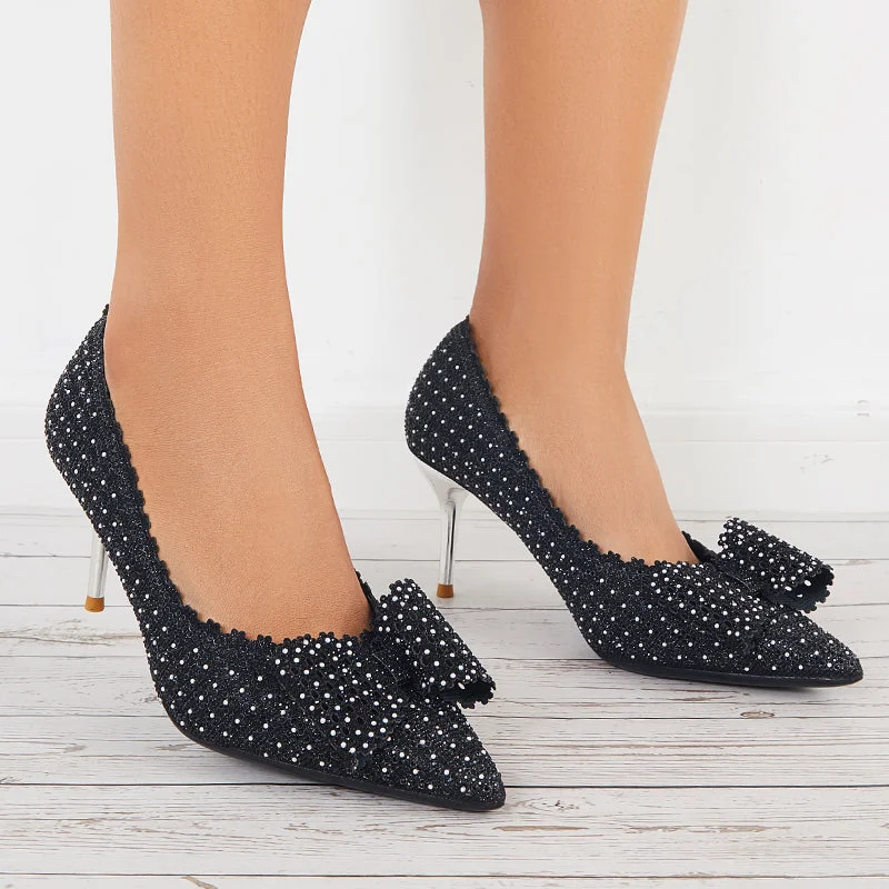 Sohiwoo Women Bow Clear Kitten Heel Pumps Rhinestone Pointed Toe Office Dress Shoes