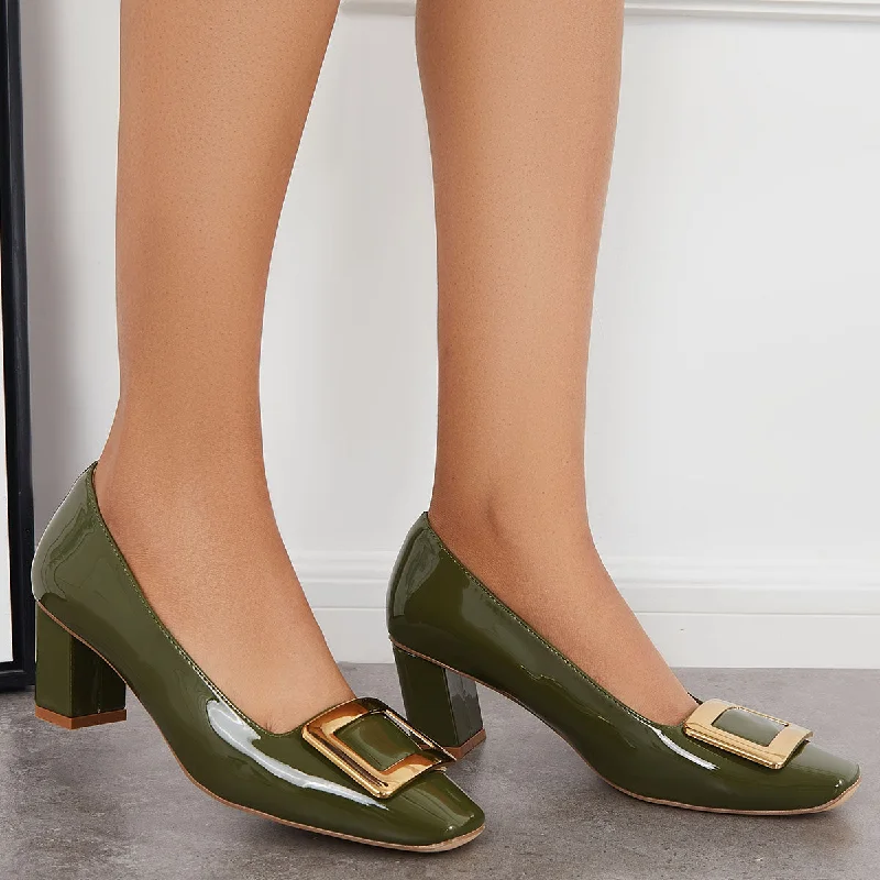 Sohiwoo woman formal Buckle Decor Block Heel Pumps Slip on Square Toe Dress Shoes