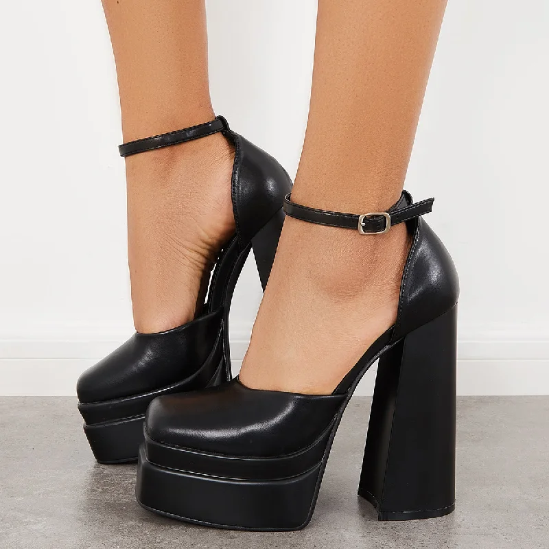 Sohiwoo Women Platform Chunky High Heel Mary Jane Pumps Ankle Strap Dress Shoes
