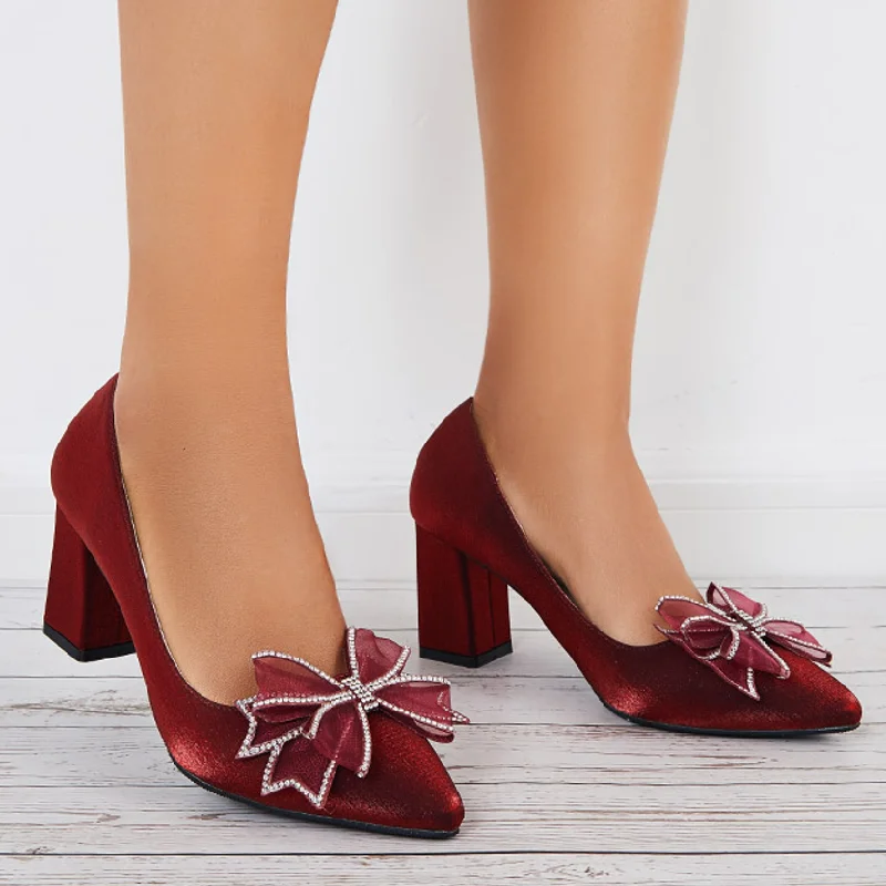 Sohiwoo  Women Bow Chunky Block Heel Pumps Pointed Toe Solid Color Dress Shoes