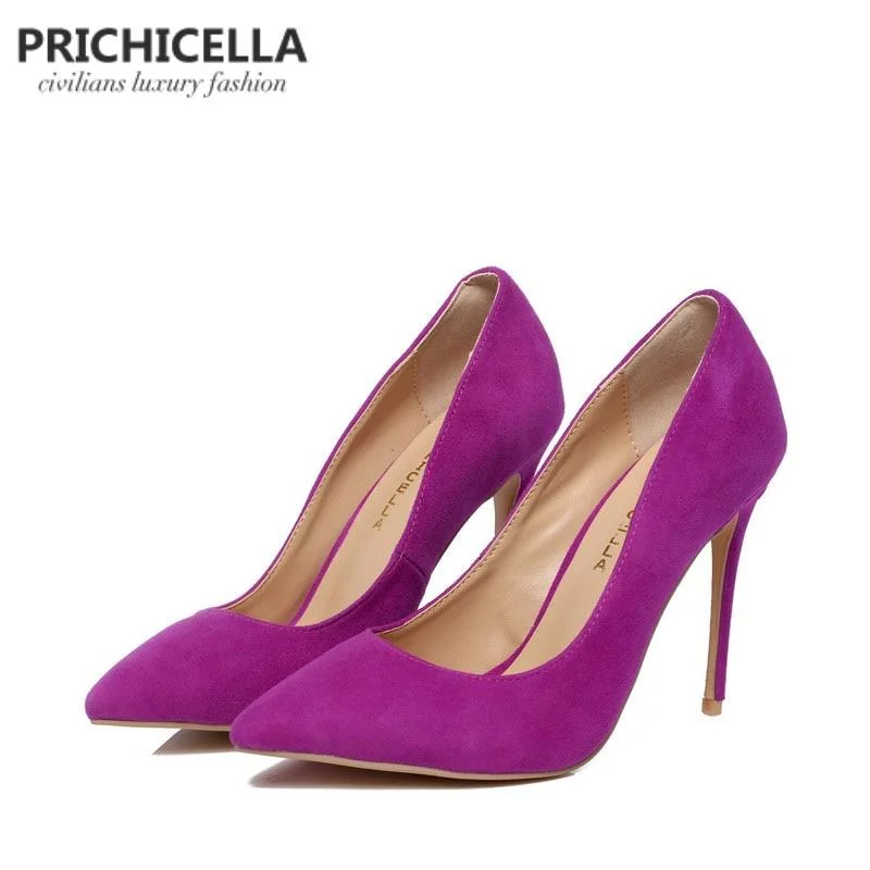 PRICHICELLA Purple suede pumps genuine leather 10cm super high heels pointed toe dress shoe size34-42 PRICHICELLA Purple suede pumps genuine leather 10cm super high heels pointed toe dress shoe size34-42