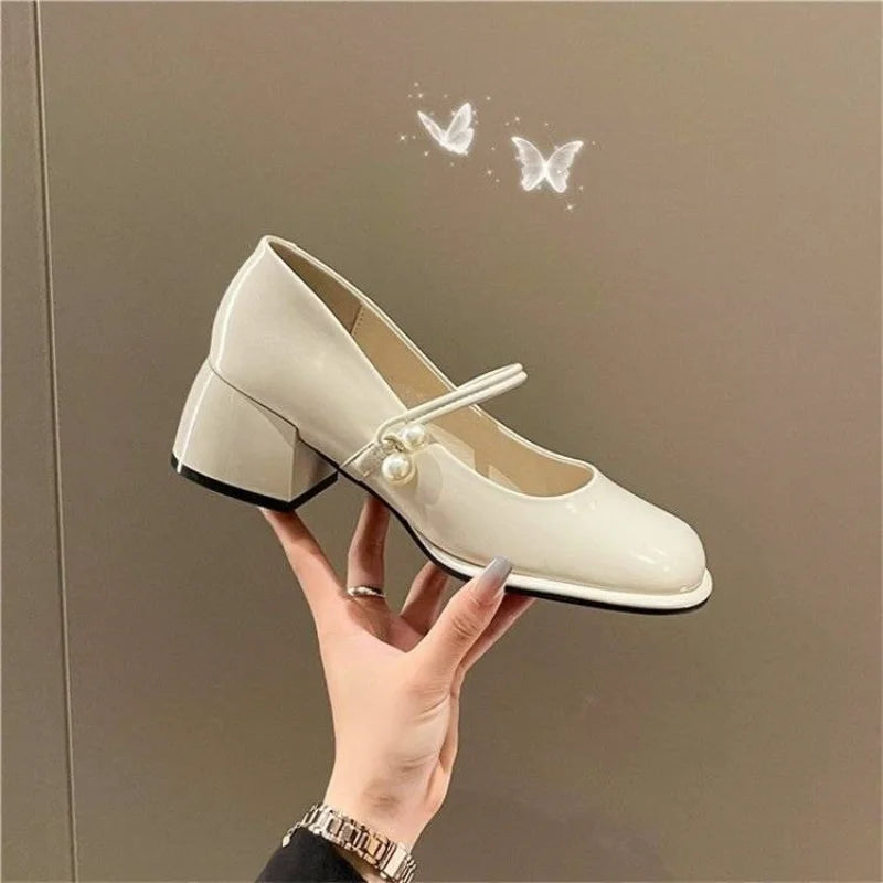 Sohiwoo Ladies Summer Footwear Mary Jane Shoes for Women 2024 with Medium Heels Japanese Style Lolita Pearl Square Toe Gothic White Y2k Sohiwoo Ladies Summer Footwear Mary Jane Shoes for Women 2024 with Medium Heels Japanese Style Lolita Pearl Square Toe Gothic White Y2k