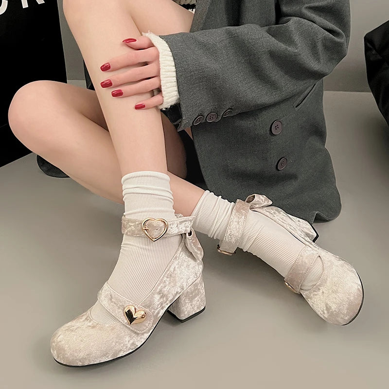 Sohiwoo Mary Janes Shoes Women Shoes New Fashion French Velvet Thick Heel Pumps Female Heart-shape Buckle Round Toe High Heels Shoes Sohiwoo Mary Janes Shoes Women Shoes New Fashion French Velvet Thick Heel Pumps Female Heart-shape Buckle Round Toe High Heels Shoes