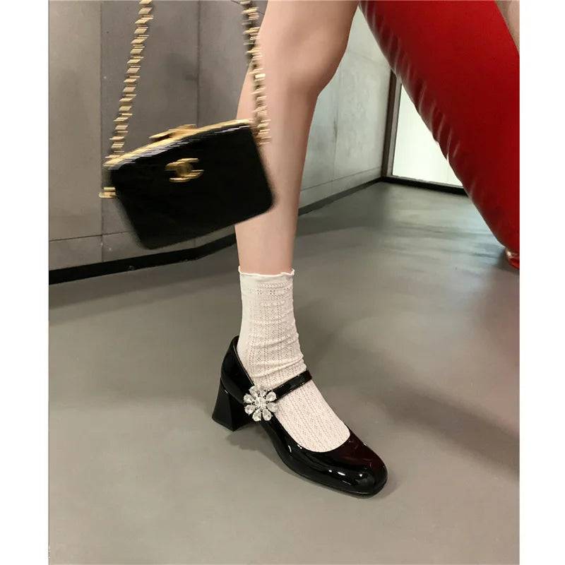 Sohiwoo New Square Head Rhinestone Thick Heel Mary Jane Single Shoes women's Niche Red High Heels Sohiwoo New Square Head Rhinestone Thick Heel Mary Jane Single Shoes women's Niche Red High Heels