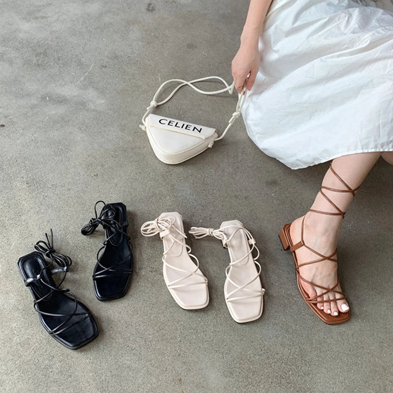 Sohiwoo Summer Fashion Narrow Band Women Sandal Shoes Flat Heel Ankle Strap Cross Strap Lace Up Rome Sandal Casual Vacation Shoes
