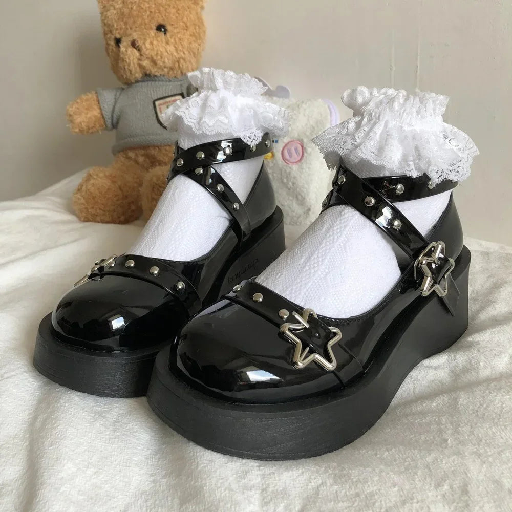 Sohiwoo Women heels Lolita shoes platform mary jane Shoes Star Buckle Strap Mary Janes Women Cross-tied Girls Rivet Casual Shoes kawaii