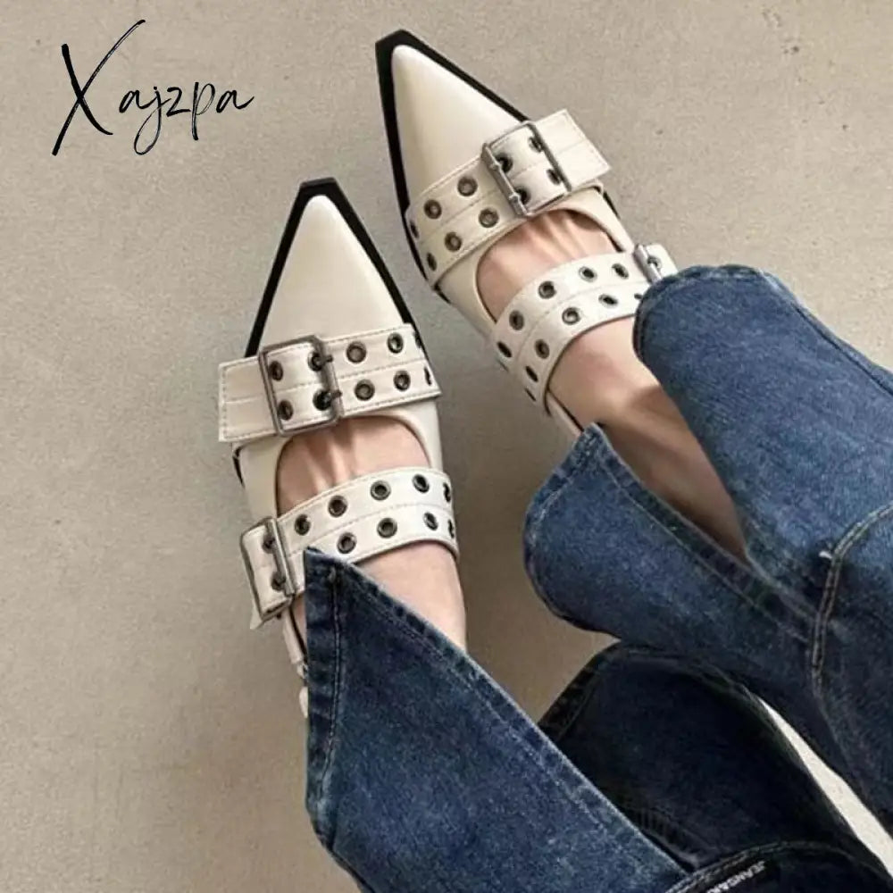 Xajzpa - 2023 New Women Chunky Sandals Summer Shoes Fashion Mid Heels Pointed Toe Party Shoes Brand Casual Shoes Mujer Slippers Zapatos