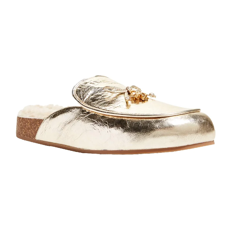 Tory Burch Women's Spark Gold Genuine Shearling Lined Mule with Charm Shoes