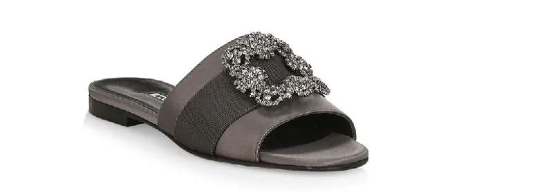 Manolo Blahnik Women's Gray Martamod Embellished Satin Flat Mules