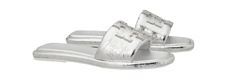 Tory Burch Women's Leather Double T Sport Slides, Silver
