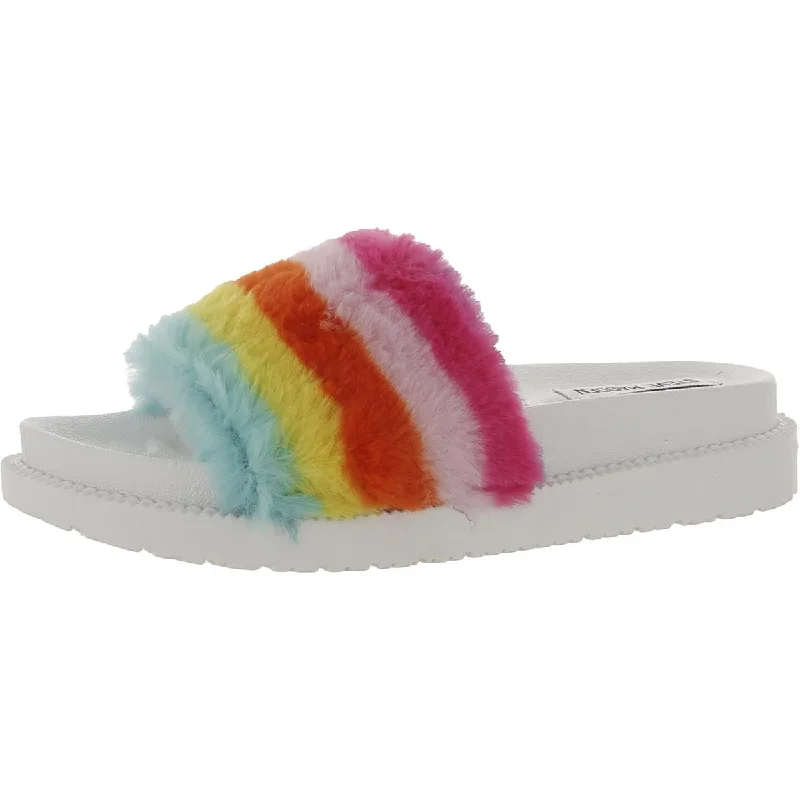 Sophlyn Womens Faux Fur Rainbow Slide Slippers