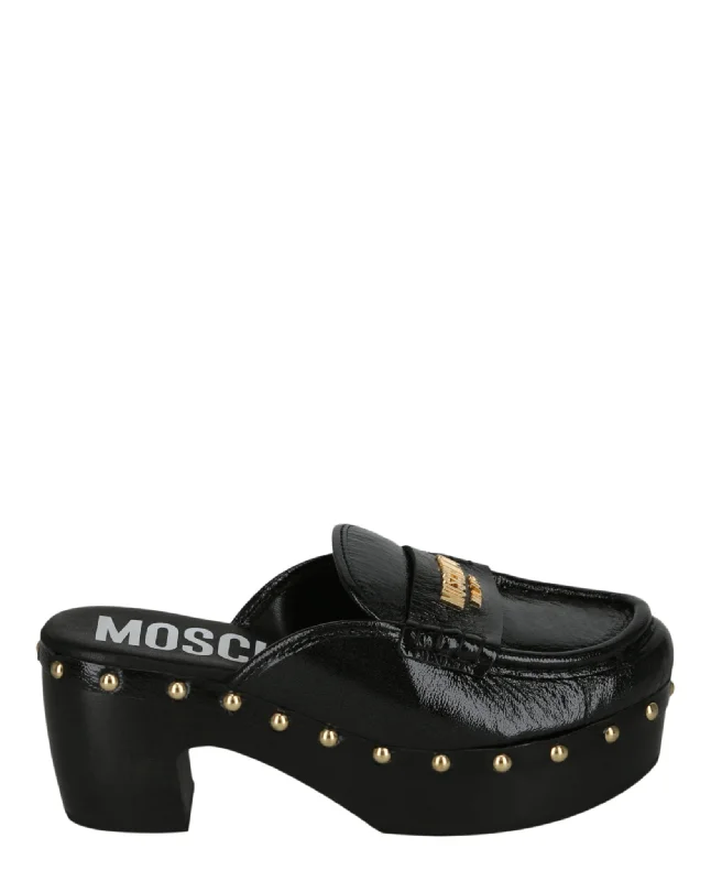 Moschino Womens Patent Leather Logo Clogs