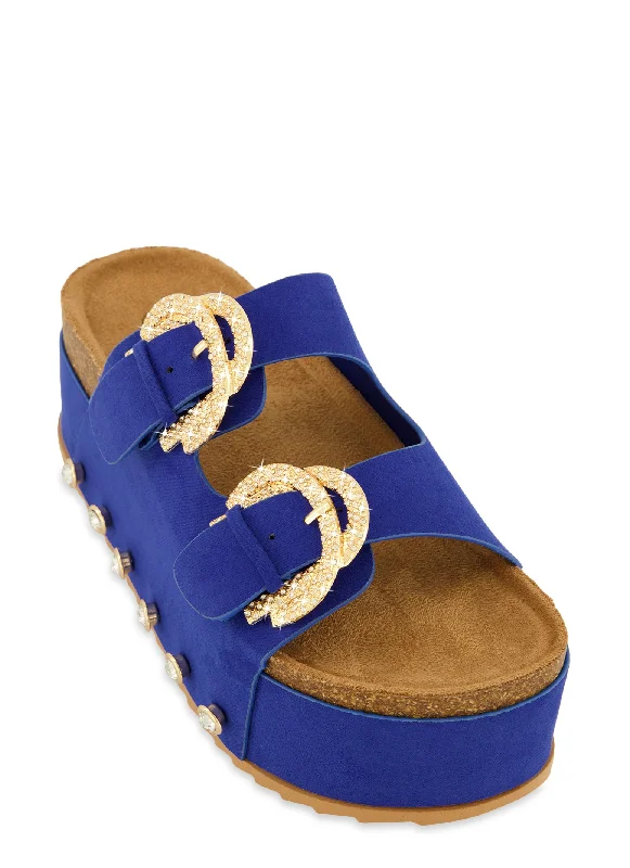 Faux Suede Rhinestone Buckle Platform Footbed Sandals