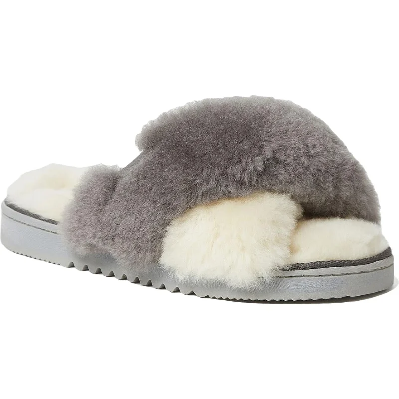 Dearfoams Womens Faux Fur Cushioned Footbed Slide Slippers