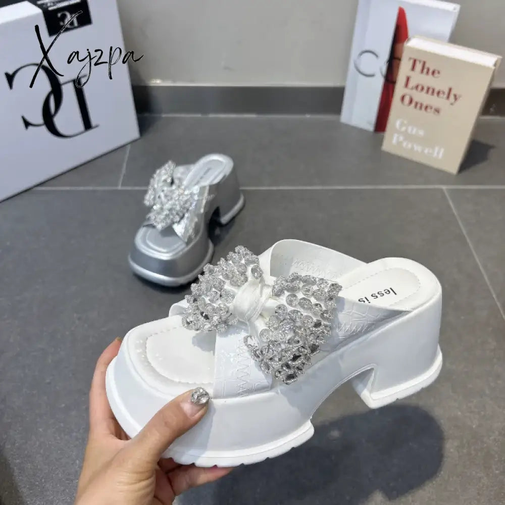 Crystal Bow Women Slippers Luxury Platform Flip Flops Shoes 2024 Summer Dress Fashion Slingback Sandals Trend Slides Femme