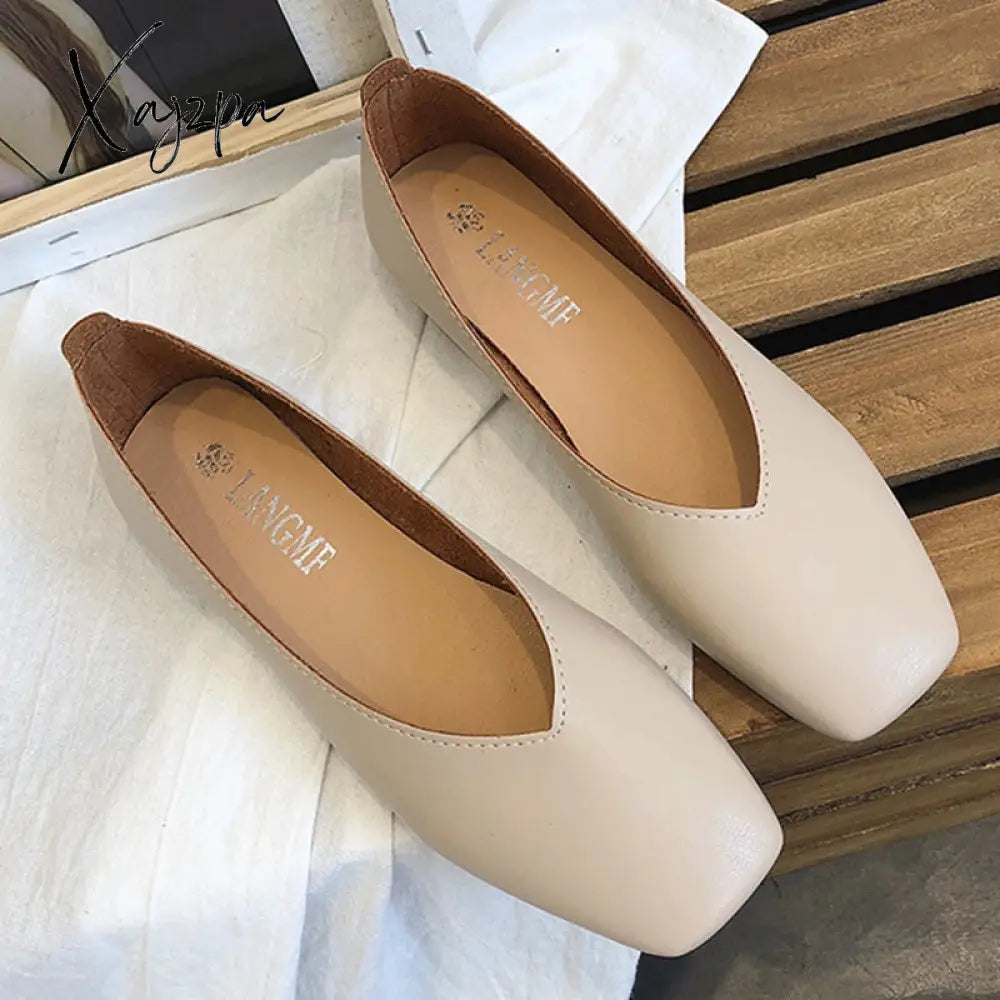 Xajzpa - Fashion Women Flat Shoe  Elegant Shallow Low-heeled Sandals Beige Korean Slippers Square Toe Slip-on Simple Woman Shoes