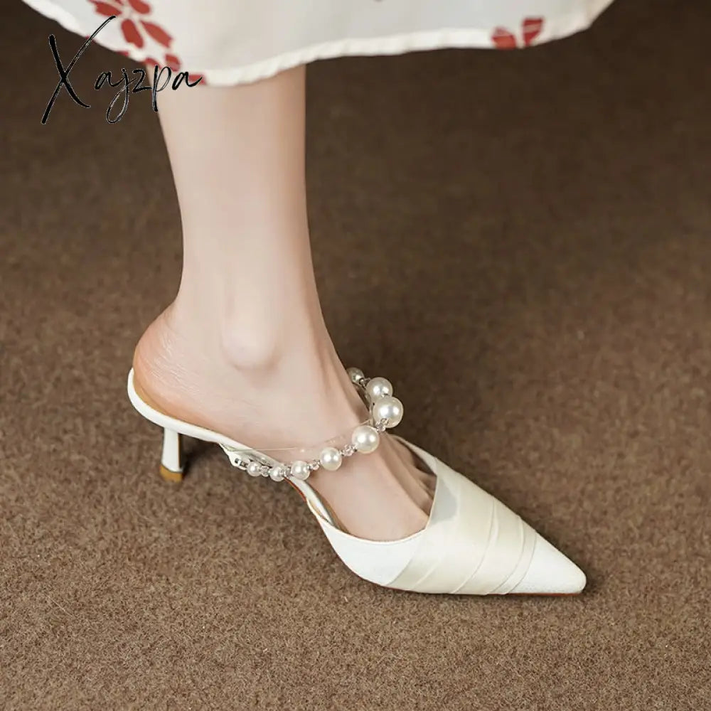 Xajzpa - Heihaian Baotou Slippers 2023 Summer New Elegant Fairy Wind Heels Slippers For Women With Pearl And Net Yarn Decoration 33-42
