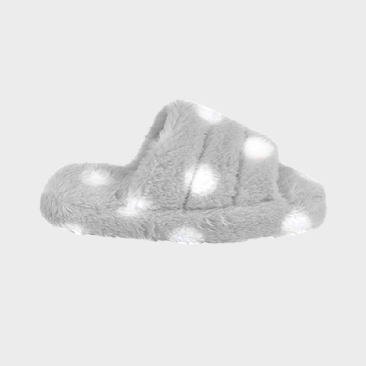 Ladies Grey Polka Dot Plush Slider Slippers