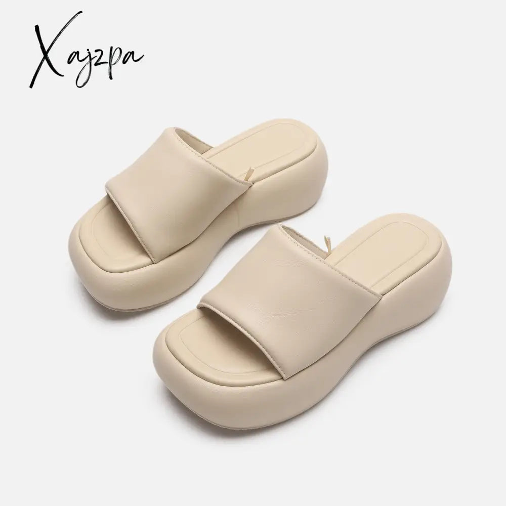 Xajzpa - Luxury Brand Slippers For Women Wedge Thick Bottom Females Slides Fashion High Heels Solid Color Soft Soled Shoes Summer Casual