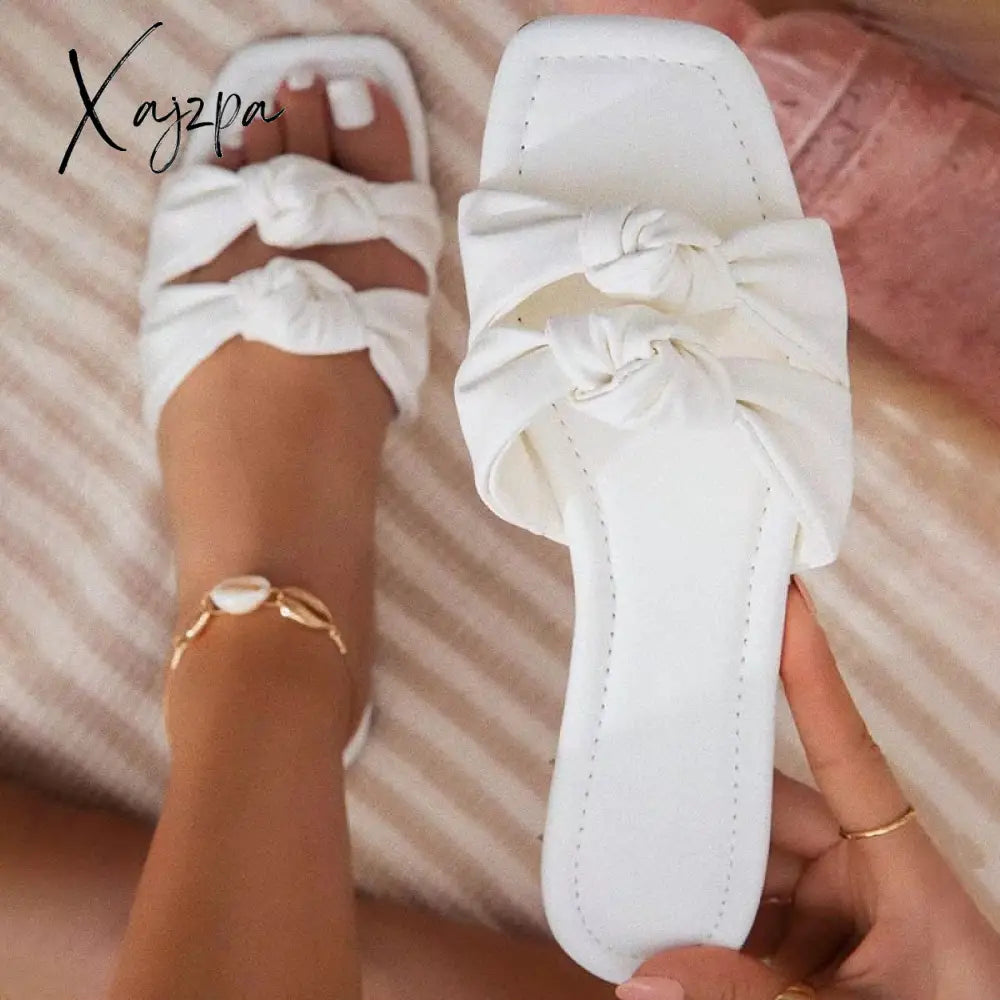 Xajzpa - New Women's Slippers Summer Bow Square Toe Shoes Twist Strap Ladies Flat Sandals Outdoor Beach Casual Comfy Female Slides