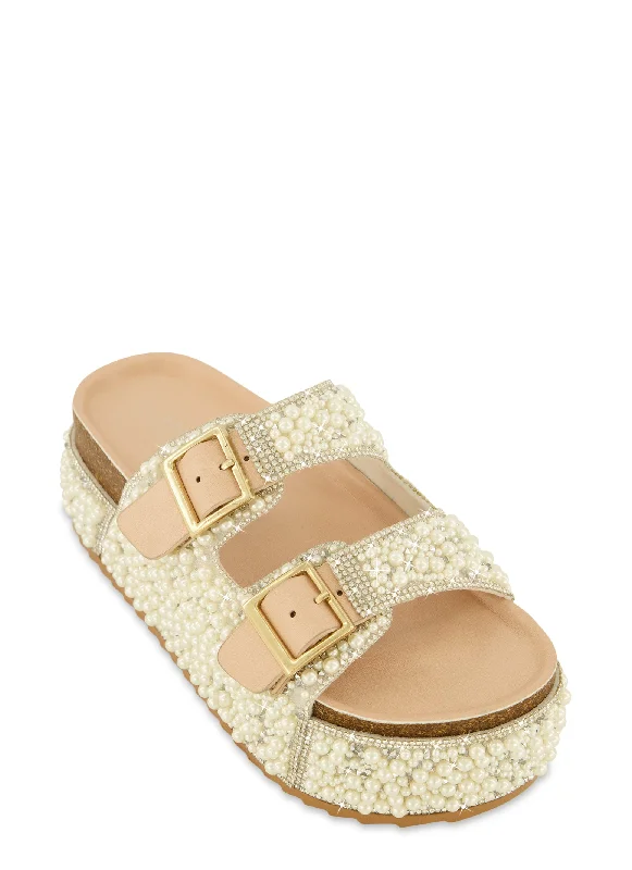 Rhinestone Faux Pearl Platform Footbed Sandals