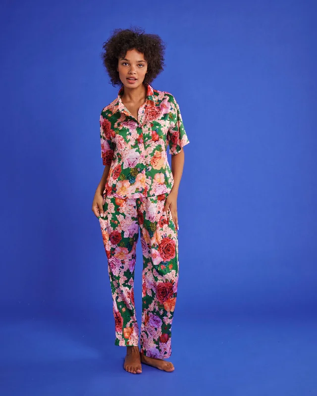 Rose Garden Satin Short Sleeve Shirt & Pant Pyjama Set